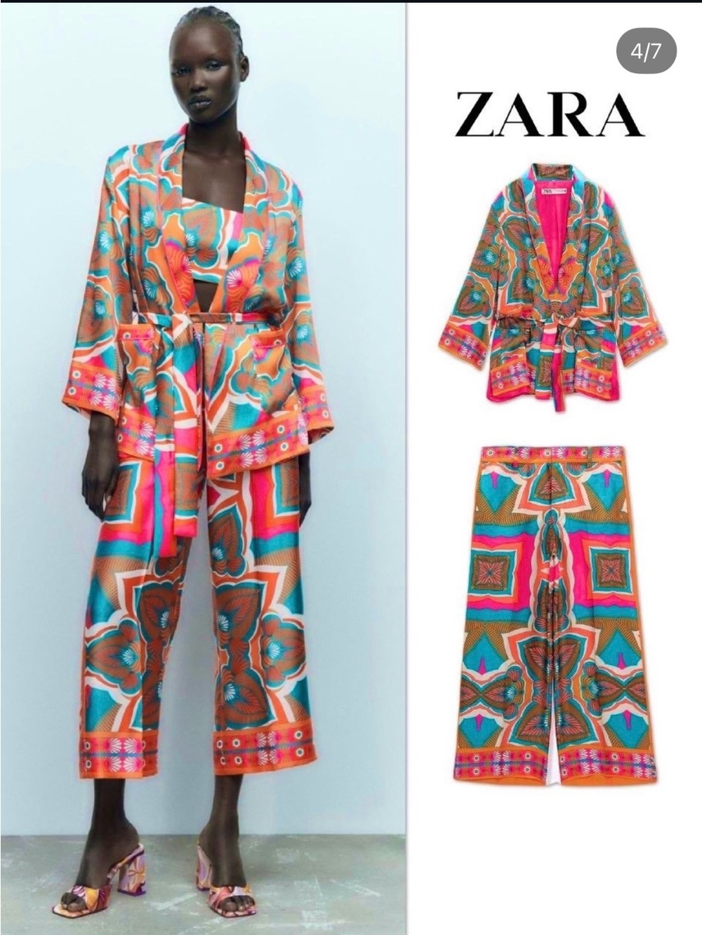 ZARA Multicolor Printed Wide-Leg Pants, Kimono, and Bralet - Pink, Teal & Orange